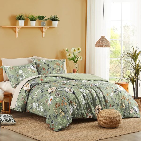 CASAAGUSTO King Size Comforter Set, 7 PCS Green Floral Comforter Set with Flowers Leaves Pattern, Soft All Season King Bedding Set(102"X90") - Image 2
