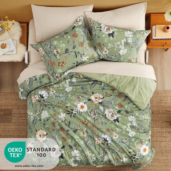 CASAAGUSTO King Size Comforter Set, 7 PCS Green Floral Comforter Set with Flowers Leaves Pattern, Soft All Season King Bedding Set(102"X90") - Image 3