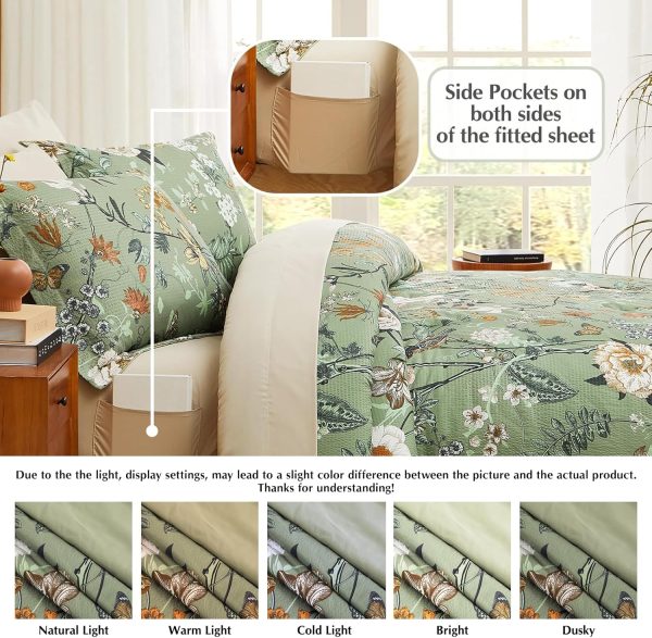 CASAAGUSTO King Size Comforter Set, 7 PCS Green Floral Comforter Set with Flowers Leaves Pattern, Soft All Season King Bedding Set(102"X90") - Image 4