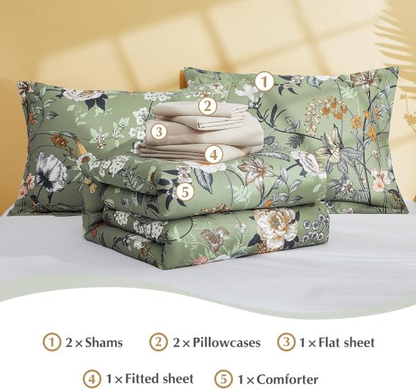 CASAAGUSTO King Size Comforter Set, 7 PCS Green Floral Comforter Set with Flowers Leaves Pattern, Soft All Season King Bedding Set(102"X90") - Image 6