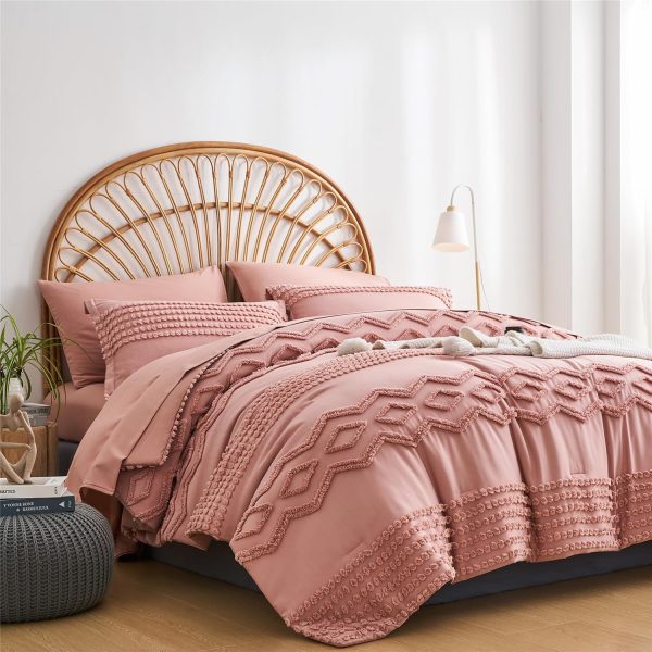 KAKIJUMN Blush Pink Tufted Comforter Set Full Size 7 Piece Bed in a Bag, Shabby Chic Boho Comforter and Sheet Set, All Season Soft Microfiber Complete Bedding Set(Pink,Full)