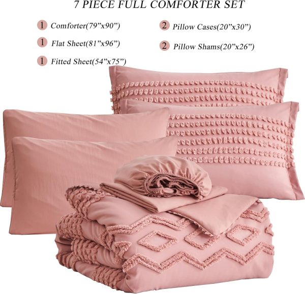 KAKIJUMN Blush Pink Tufted Comforter Set Full Size 7 Piece Bed in a Bag, Shabby Chic Boho Comforter and Sheet Set, All Season Soft Microfiber Complete Bedding Set(Pink,Full) - Image 2