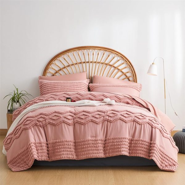 KAKIJUMN Blush Pink Tufted Comforter Set Full Size 7 Piece Bed in a Bag, Shabby Chic Boho Comforter and Sheet Set, All Season Soft Microfiber Complete Bedding Set(Pink,Full) - Image 3