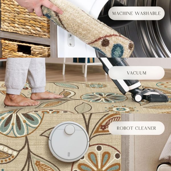 Maples Rugs Reggie Floral Kitchen Rug - Made in USA - Washable, Non Slip Indoor Carpet for Entryway, Foyer, Kitchen, and Bathroom, 1'8 x 2'10, Beige - Image 9